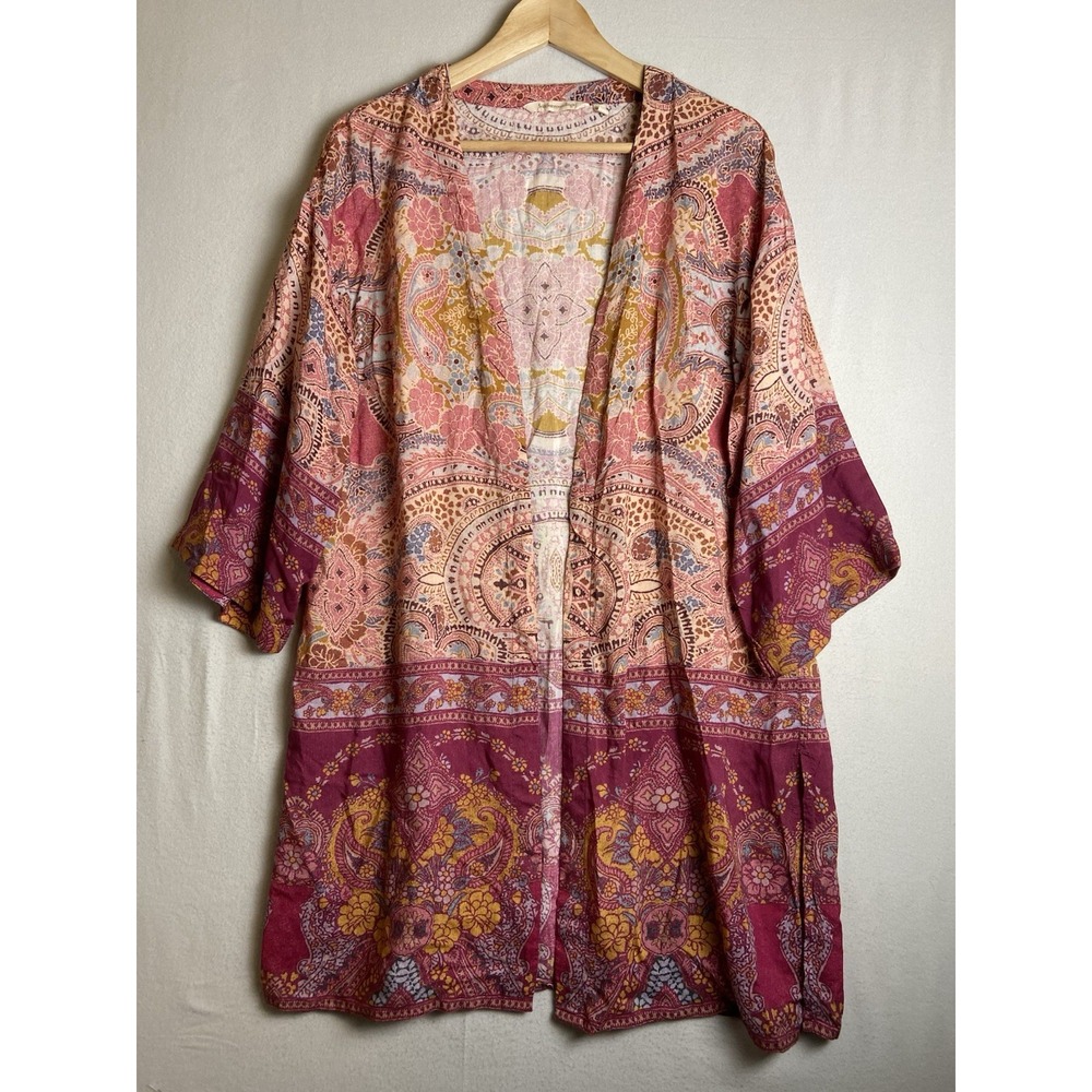 Soft Surroundings Kimono Cardigan Womens Pink Paisley Boho Open Front Top Sz M